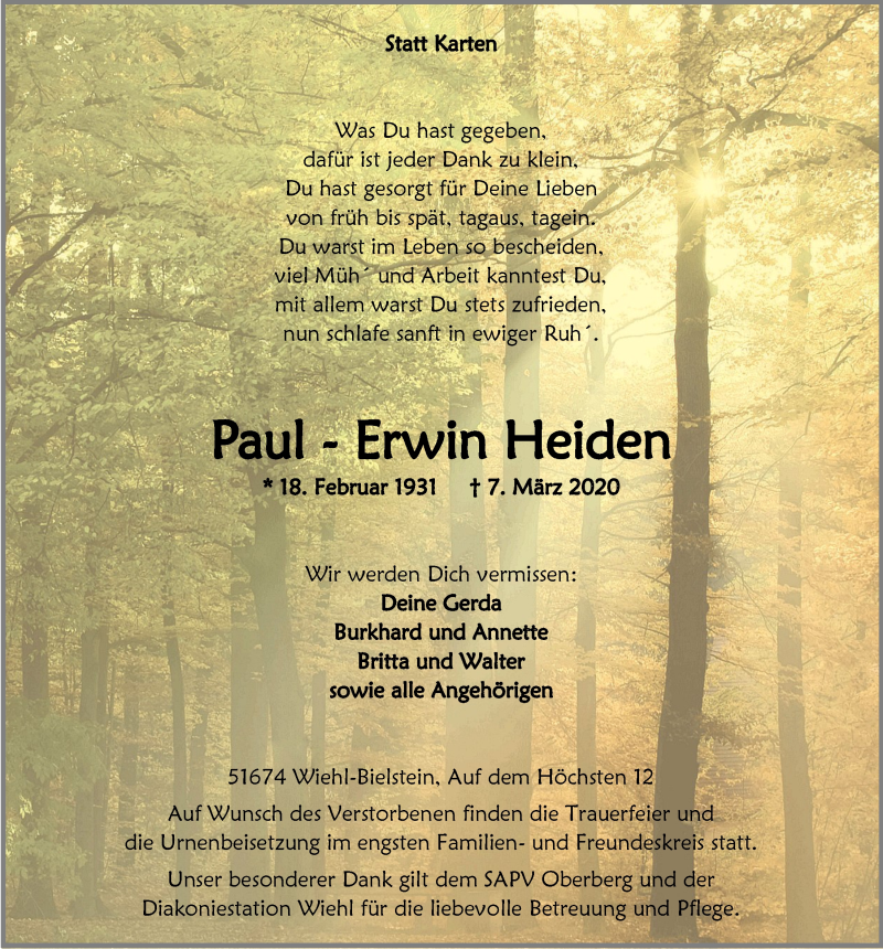  Traueranzeige für Paul-Erwin  Heiden vom 11.03.2020 aus  Anzeigen Echo 