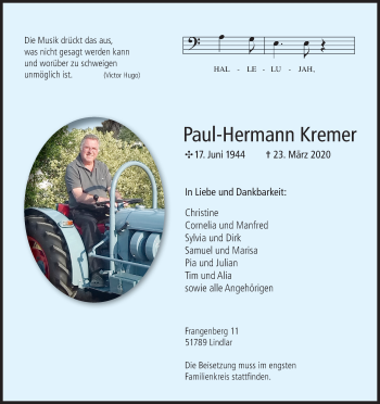 Anzeige von Paul-Hermann Kremer von Kölner Stadt-Anzeiger / Kölnische Rundschau / Express