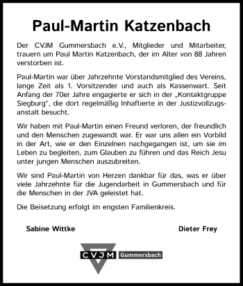 Anzeige von Paul-Martin Katzenbach von Kölner Stadt-Anzeiger / Kölnische Rundschau / Express
