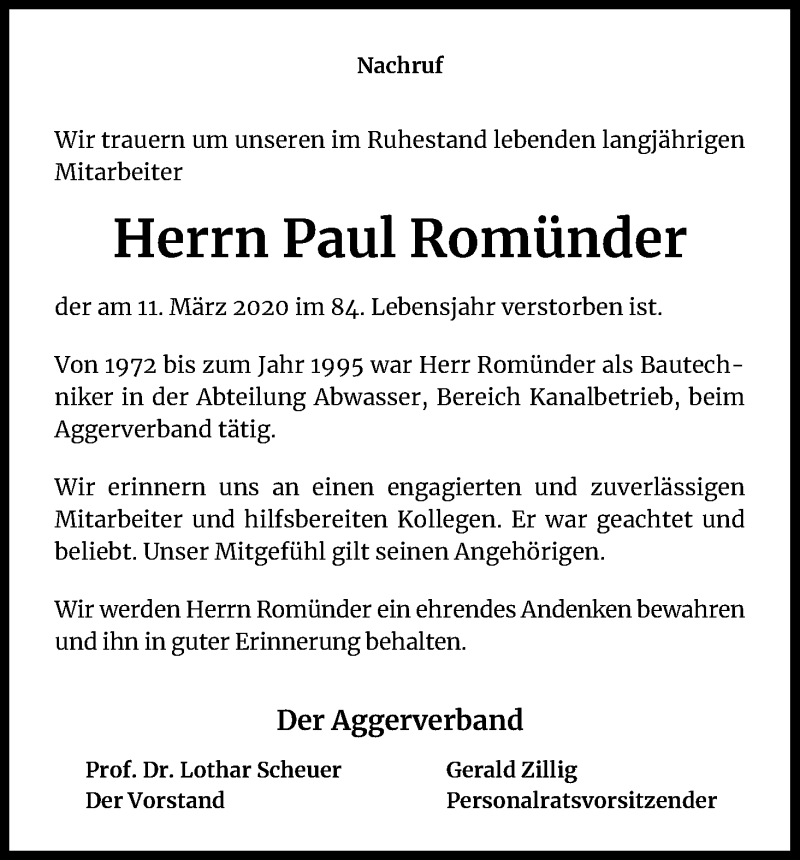 Traueranzeige für Paul Romünder vom 21.03.2020 aus Kölner Stadt-Anzeiger / Kölnische Rundschau / Express