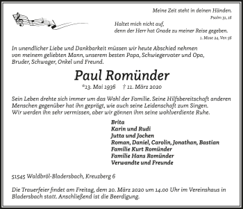 Anzeige von Paul Romünder von  Lokalanzeiger 