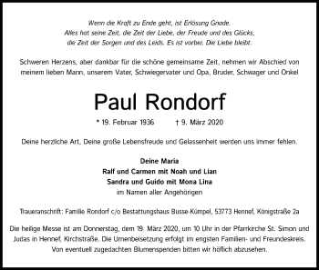 Anzeige von Paul Rondorf von Zeitungsgruppe Köln