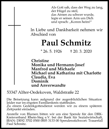 Anzeige von Paul Schmitz von Kölner Stadt-Anzeiger / Kölnische Rundschau / Express