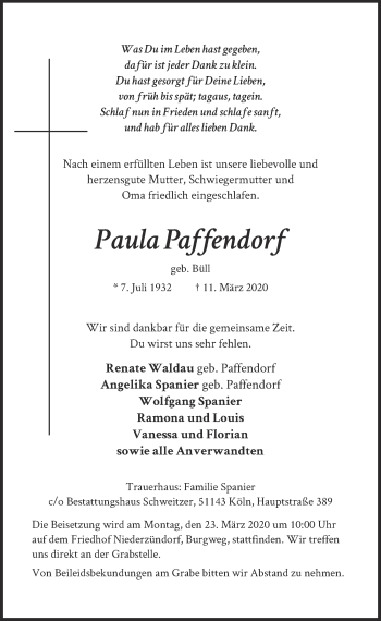 Anzeige von Paula Paffendorf von  Kölner Wochenspiegel 
