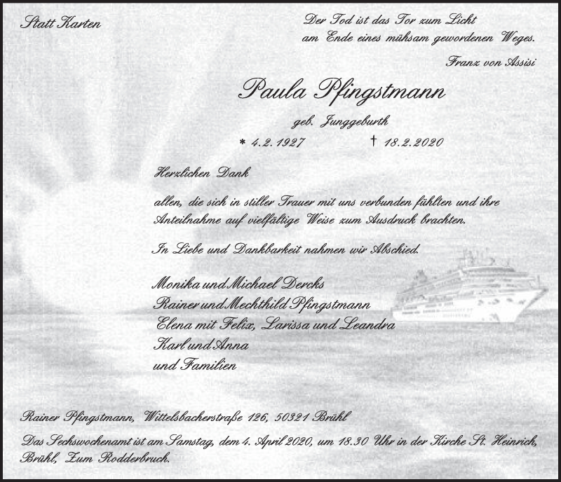  Traueranzeige für Paula Pfingstmann vom 04.03.2020 aus  Schlossbote/Werbekurier 