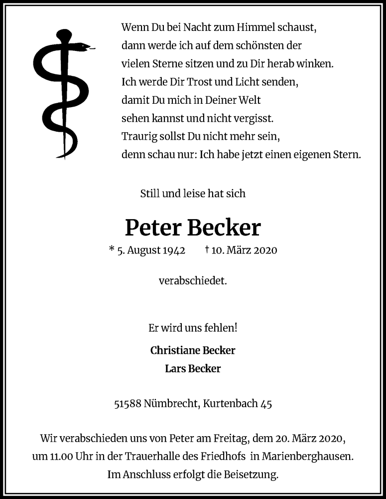  Traueranzeige für Peter Becker vom 14.03.2020 aus Zeitungsgruppe Köln