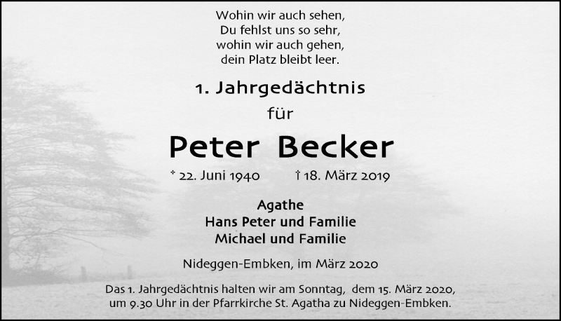 Traueranzeige für Peter Becker vom 07.03.2020 aus  Blickpunkt Euskirchen 