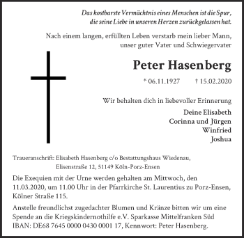 Anzeige von Peter Hasenberg von  Kölner Wochenspiegel 