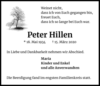 Anzeige von Peter Hillen von Kölner Stadt-Anzeiger / Kölnische Rundschau / Express