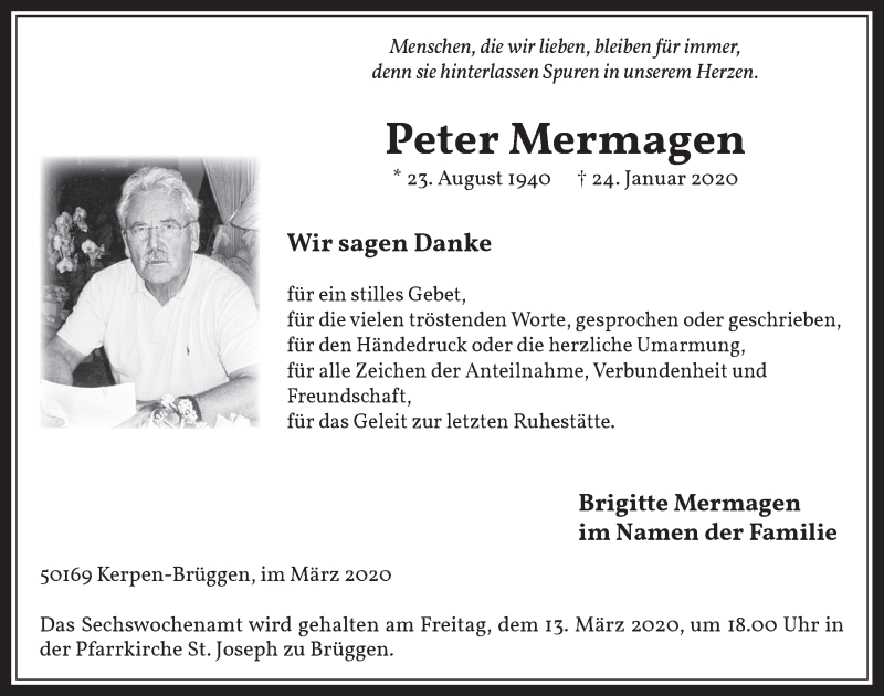  Traueranzeige für Peter Mermagen vom 04.03.2020 aus  Werbepost 