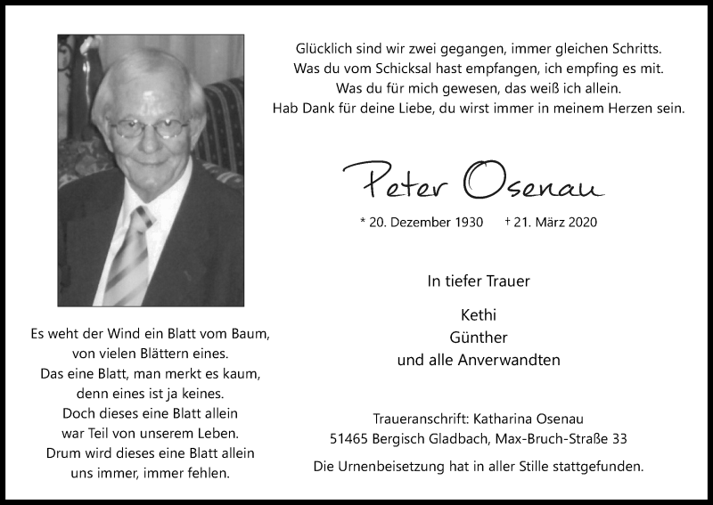 Traueranzeige für Peter Osenau vom 28.03.2020 aus Kölner Stadt-Anzeiger / Kölnische Rundschau / Express