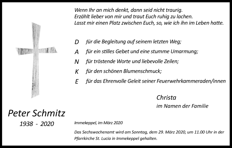  Traueranzeige für Peter Schmitz vom 21.03.2020 aus Kölner Stadt-Anzeiger / Kölnische Rundschau / Express