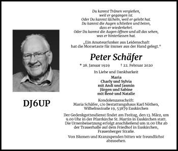 Anzeige von Peter Schäfer von Kölner Stadt-Anzeiger / Kölnische Rundschau / Express