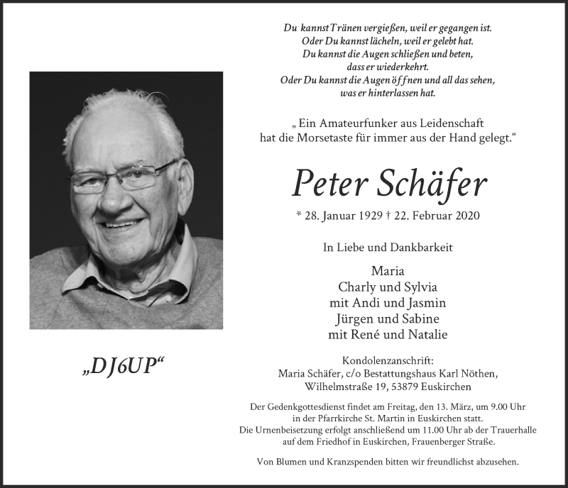  Traueranzeige für Peter Schäfer vom 07.03.2020 aus  Blickpunkt Euskirchen 