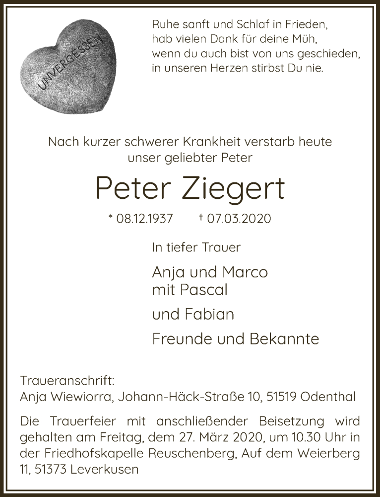  Traueranzeige für Peter Ziegert vom 18.03.2020 aus  Lokale Informationen 