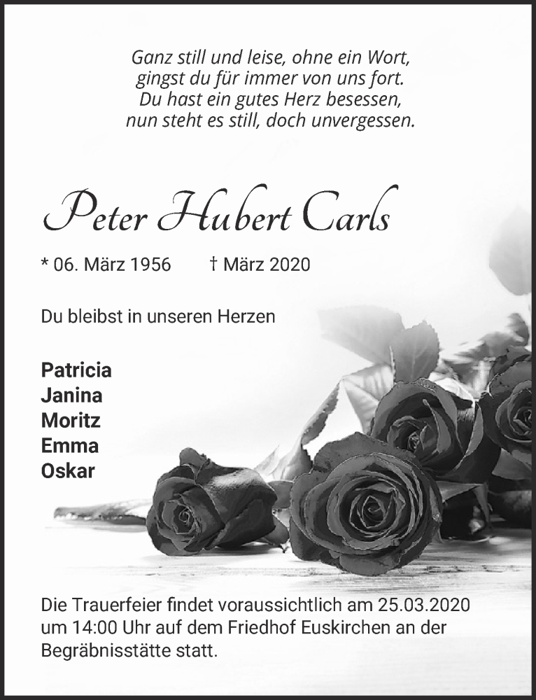  Traueranzeige für Peter Hubert Carls vom 21.03.2020 aus  Blickpunkt Euskirchen 