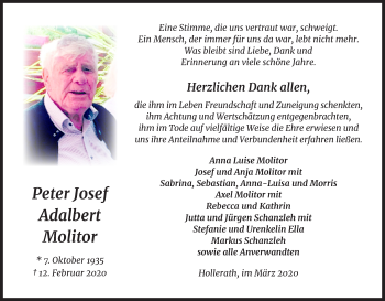 Anzeige von Peter Josef Adalbert Molitor von Kölner Stadt-Anzeiger / Kölnische Rundschau / Express