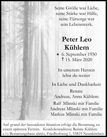Anzeige von Peter Leo Kühlem von Kölner Stadt-Anzeiger / Kölnische Rundschau / Express