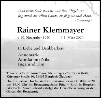 Anzeige von Rainer Klemmayer von Kölner Stadt-Anzeiger / Kölnische Rundschau / Express