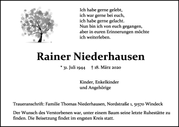 Anzeige von Rainer Niederhausen von Kölner Stadt-Anzeiger / Kölnische Rundschau / Express