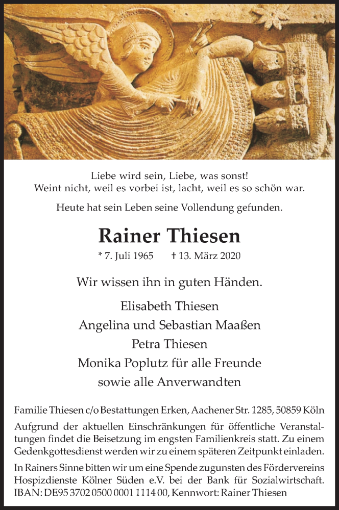  Traueranzeige für Rainer Thiesen vom 21.03.2020 aus Kölner Stadt-Anzeiger / Kölnische Rundschau / Express