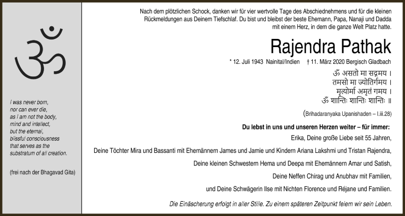 Traueranzeige für Rajendra Pathak vom 21.03.2020 aus  Bergisches Sonntagsblatt 