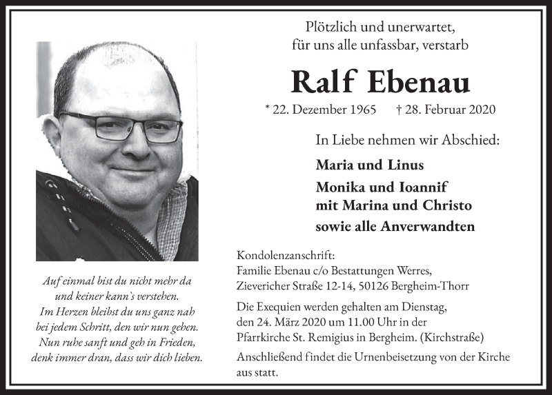  Traueranzeige für Ralf Ebenau vom 14.03.2020 aus  Sonntags-Post 