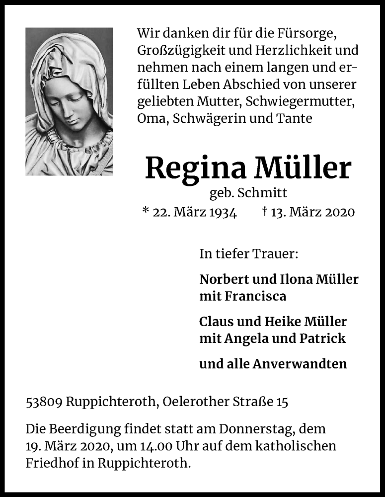  Traueranzeige für Regina Müller vom 17.03.2020 aus Zeitungsgruppe Köln
