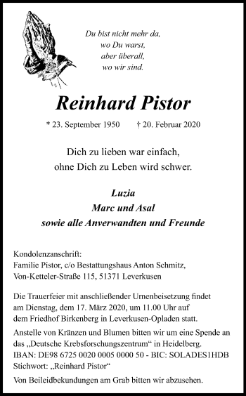 Anzeige von Reinhard Pistor von Kölner Stadt-Anzeiger / Kölnische Rundschau / Express