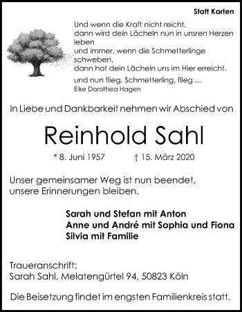 Anzeige von Reinhold Sahl von Kölner Stadt-Anzeiger / Kölnische Rundschau / Express