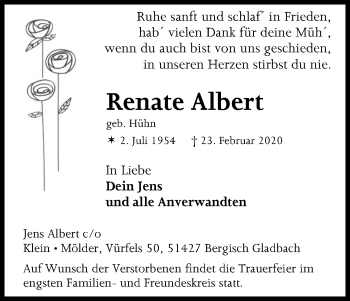 Anzeige von Renate Albert von Zeitungsgruppe Köln
