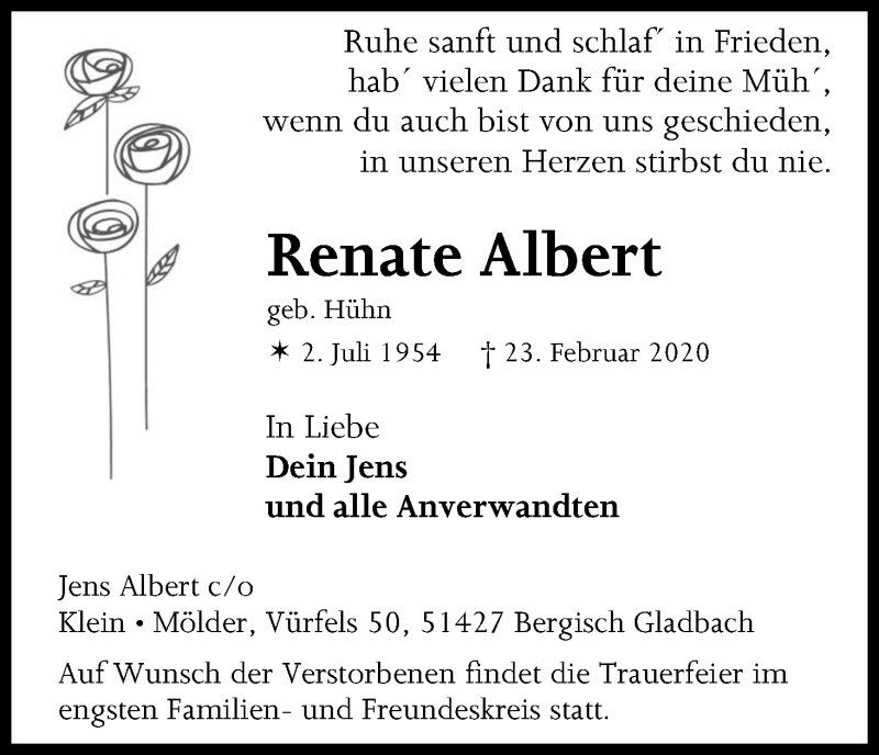  Traueranzeige für Renate Albert vom 14.03.2020 aus Zeitungsgruppe Köln