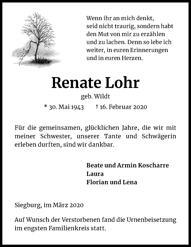  Traueranzeige für Renate Lohr vom 07.03.2020 aus Kölner Stadt-Anzeiger / Kölnische Rundschau / Express
