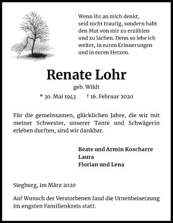 Anzeige von Renate Lohr von Kölner Stadt-Anzeiger / Kölnische Rundschau / Express