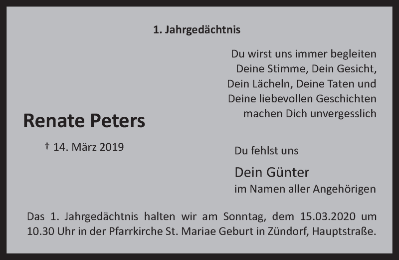  Traueranzeige für Renate Peters vom 11.03.2020 aus  Kölner Wochenspiegel 