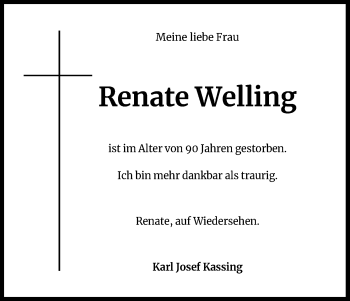 Anzeige von Renate Welling von Kölner Stadt-Anzeiger / Kölnische Rundschau / Express