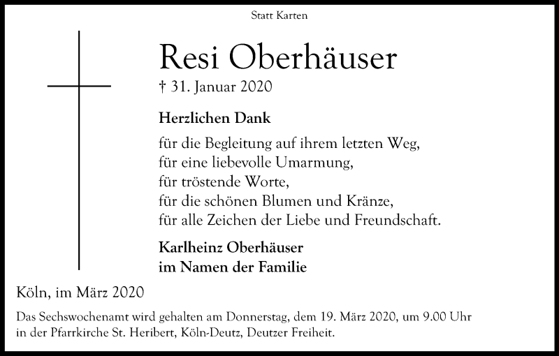  Traueranzeige für Resi Oberhäuser vom 14.03.2020 aus Zeitungsgruppe Köln