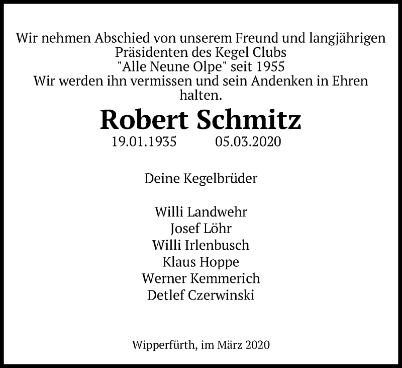  Traueranzeige für Robert Schmitz vom 14.03.2020 aus Zeitungsgruppe Köln