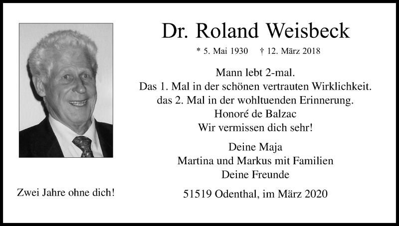  Traueranzeige für Roland Weisbeck vom 14.03.2020 aus Zeitungsgruppe Köln