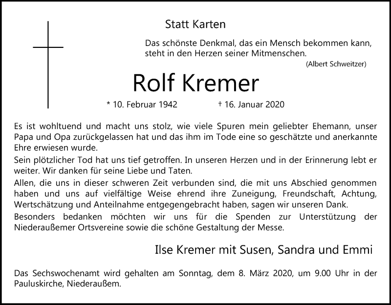  Traueranzeige für Rolf Kremer vom 04.03.2020 aus Kölner Stadt-Anzeiger / Kölnische Rundschau / Express