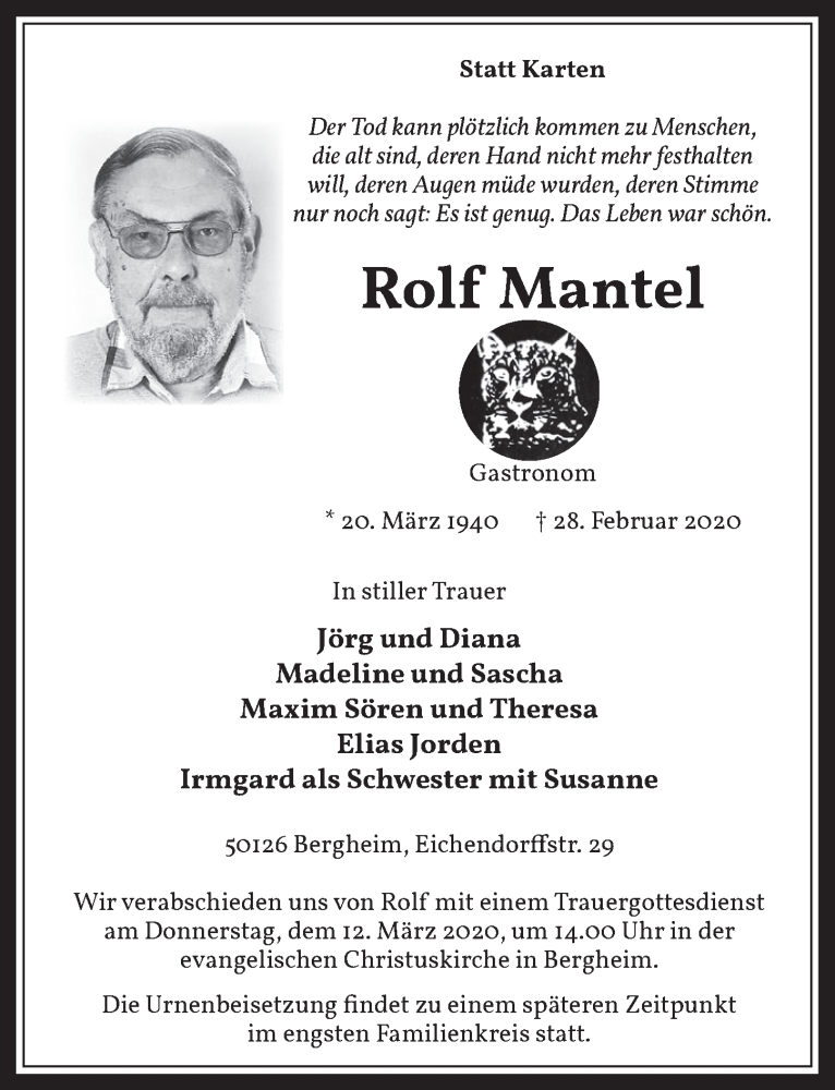 Traueranzeige für Rolf Mantel vom 04.03.2020 aus  Werbepost 