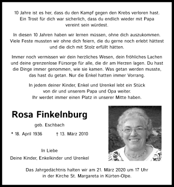 Anzeige von Rosa Finkelnburg von Zeitungsgruppe Köln