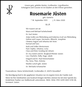 Anzeige von Rosemarie Jüsten von Kölner Stadt-Anzeiger / Kölnische Rundschau / Express