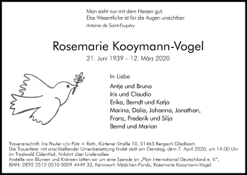 Anzeige von Rosemarie Kooymann-Vogel von Zeitungsgruppe Köln