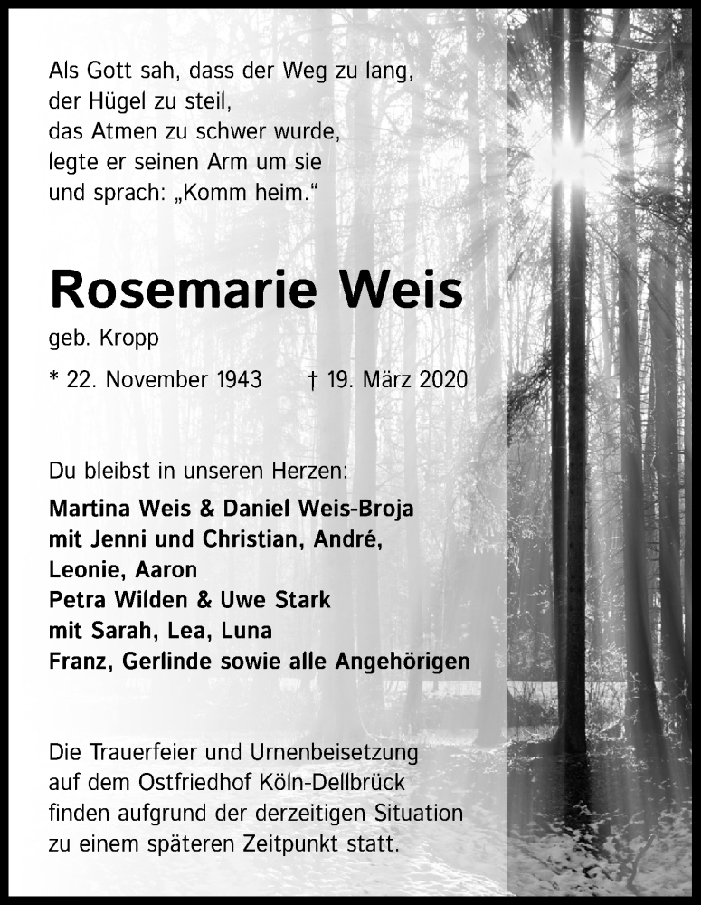  Traueranzeige für Rosemarie Weis vom 25.03.2020 aus Kölner Stadt-Anzeiger / Kölnische Rundschau / Express