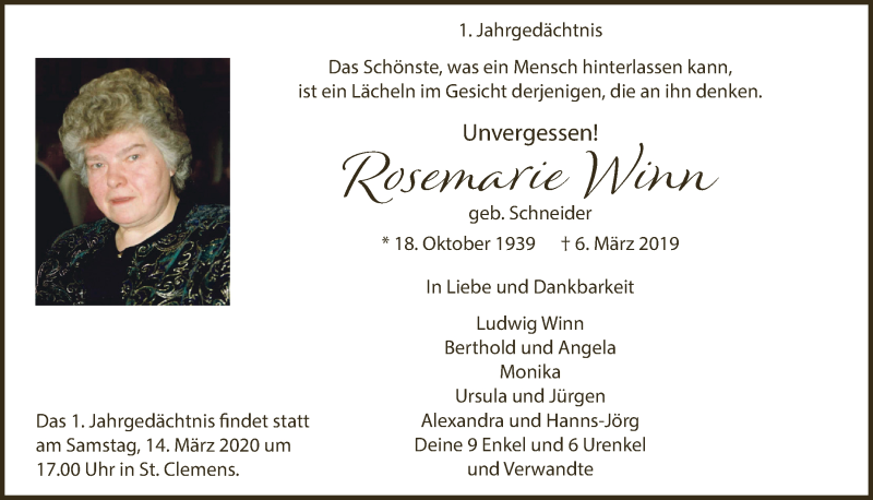  Traueranzeige für Rosemarie Winn vom 11.03.2020 aus  Bergisches Handelsblatt 