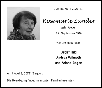 Anzeige von Rosemarie Zander von Kölner Stadt-Anzeiger / Kölnische Rundschau / Express