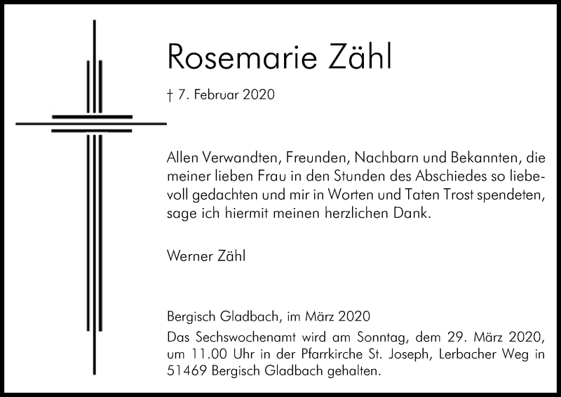  Traueranzeige für Rosemarie Zähl vom 21.03.2020 aus Kölner Stadt-Anzeiger / Kölnische Rundschau / Express