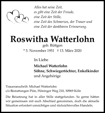 Anzeige von Roswitha Watterlohn von Kölner Stadt-Anzeiger / Kölnische Rundschau / Express