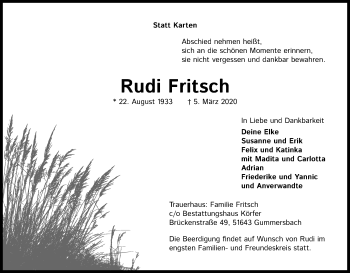 Anzeige von Rudi Fritsch von Kölner Stadt-Anzeiger / Kölnische Rundschau / Express